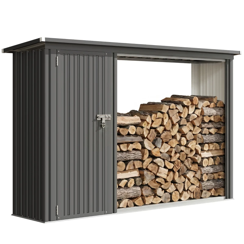 Outsunny 2-in-1 Kaminholzregal Außen verzinkter Stahl 235 x 67 x 149 cm Brennholzregal mit Geräteschrank Schrägdach Dunkelgrau