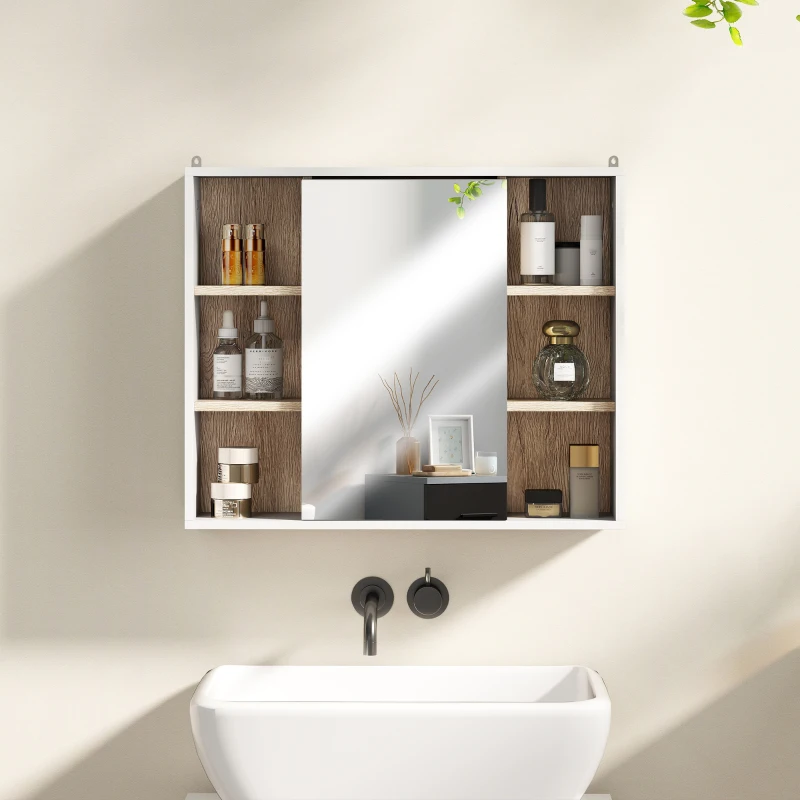 HOMCOM Armoire murale, meuble salle de bain avec miroir, miroir salle de bain avec rangement, placard à portes et 6 compartiments ouverts, 60 x 14,5 x 49,4 cm, blanc