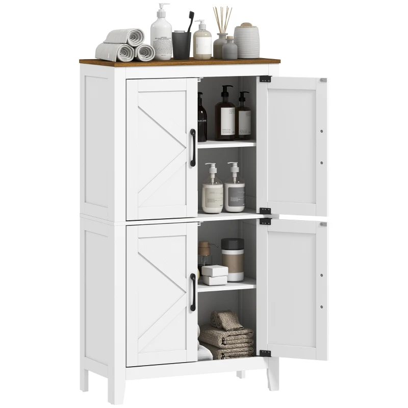 HOMCOM Meuble de salle de bain, meuble de rangement étroit avec 4 portes de grange et étagères réglables, blanc