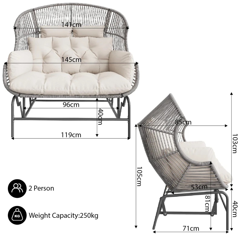 Comfortable Garden Rocker with Gentle Rocking Motion, Perfect Rocking Chair for Garden or Balcony, 145L x 85W x143H cm, Grey