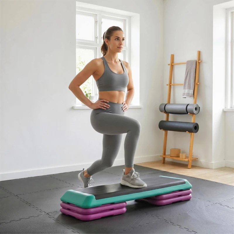 HOMCOM Steppbrett höhenverstellbar Fitness Stepper 3 Stufen (10/15/20 cm) Rutschfest Stepbench für Zuhause Fitnessstudio Büro Kunststoff Schwarz+Grün+Violett