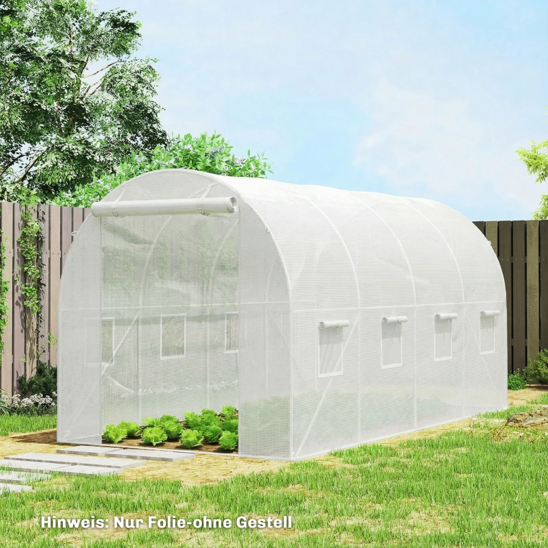 Outsunny Gewächshausfolie 4 x 2 m, wasserdicht Gartenfolie mit Tür, 8 Fenster, UV Schutz, Reißfest Polyethylen NUR Folie Weiß
