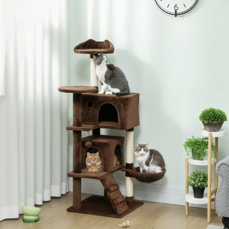 PawHut Árbol Rascador para Gatos 140 cm con Plataformas Cama 2 Cuevas Hamaca Escalera Postes de Sisal Marrón