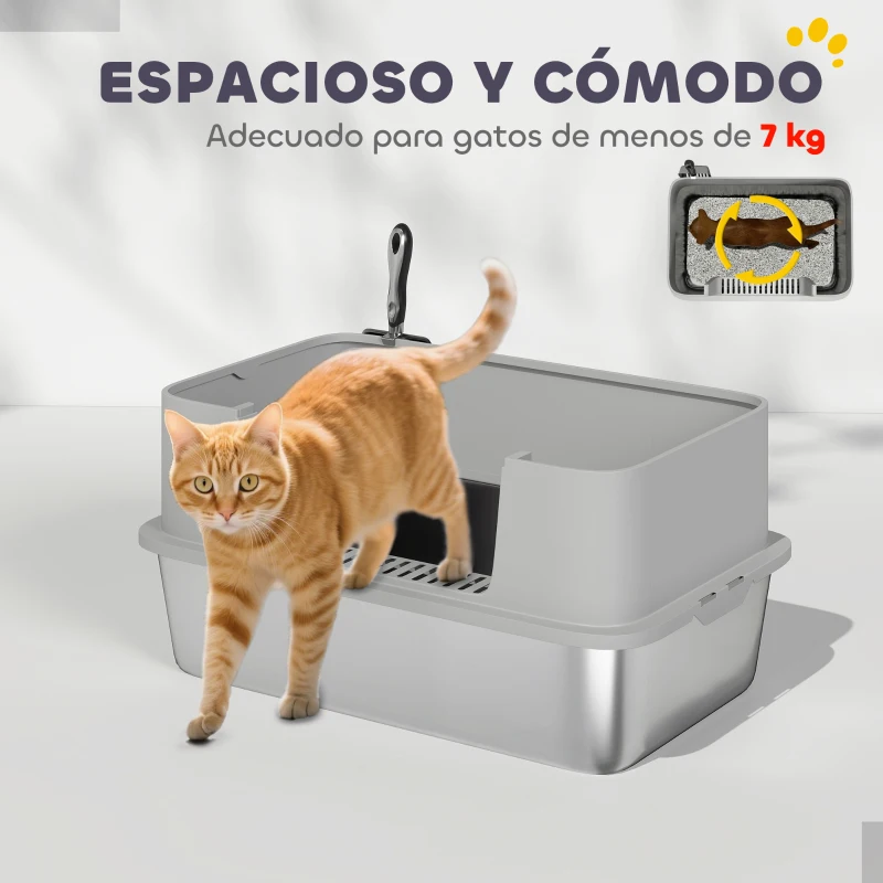 PawHut Arenero para Gatos de Acero Inoxidable XL con Borde Alto Pala Fácil de Limpiar Prueba de Fugas 60x40x29,5 cm Gris