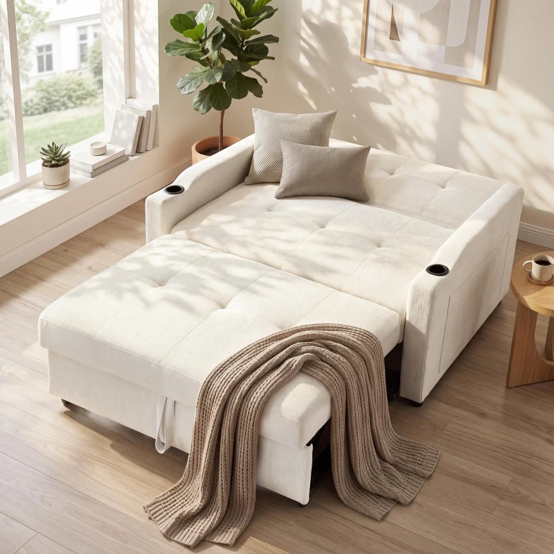 Convertible Sofa Bed with Adjustable Backrest, Functional Sleeper with USB & Type-C Charging and Cup Holders, 135L x 173W x 58H cm, Off White