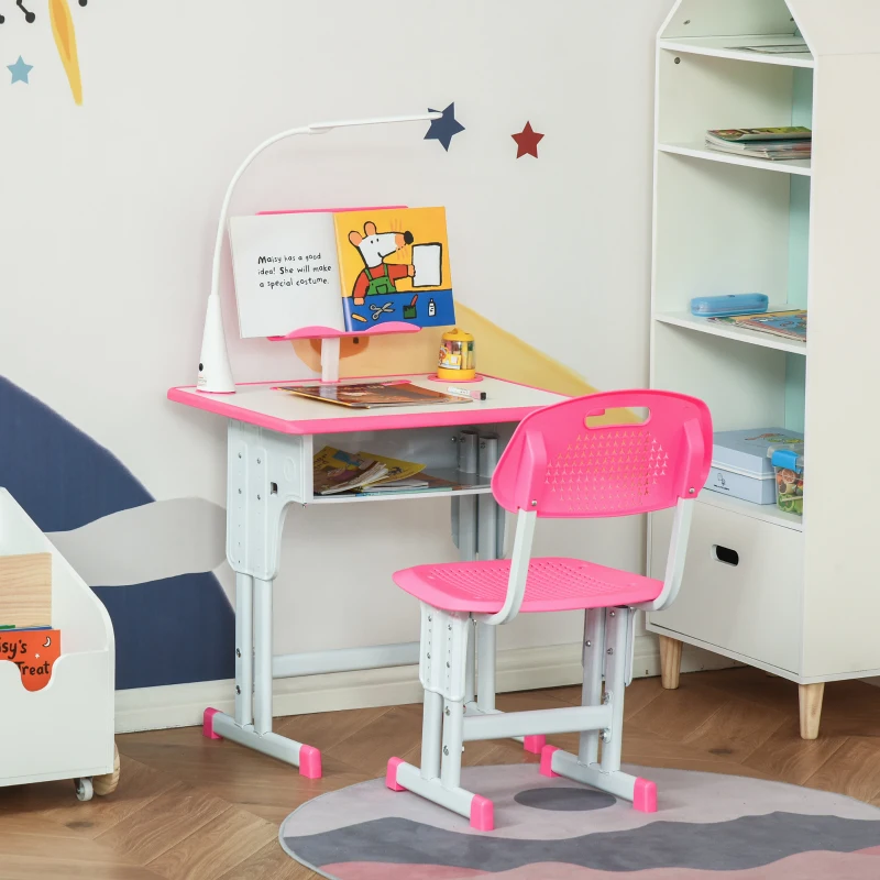 HOMCOM Kids Desk and Chair Set Adjustable Height Study Table Set with Drawer, Book Stand, Pen Slot - Pink