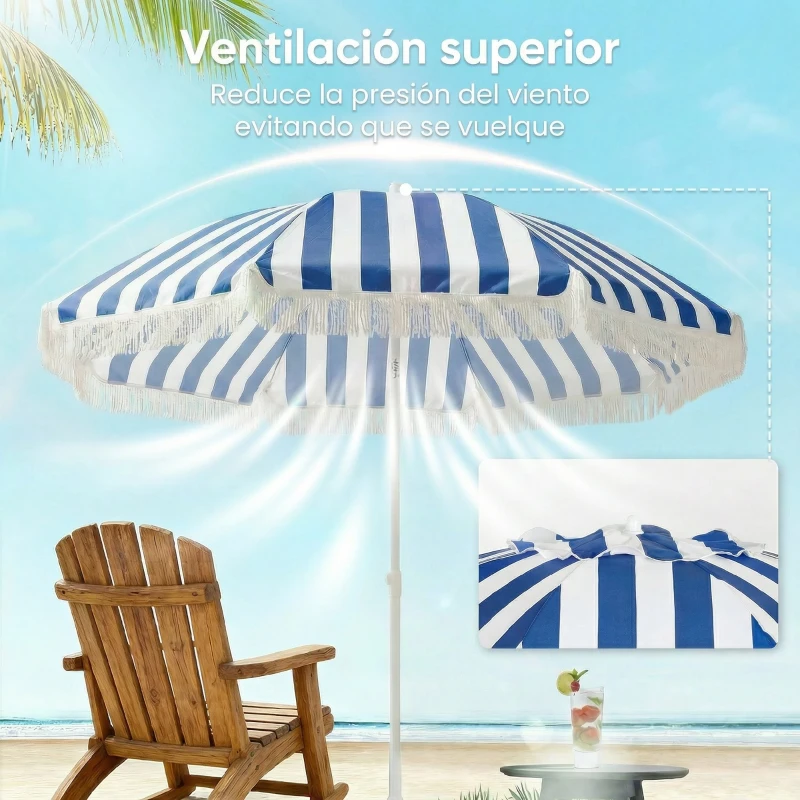 Outsunny Sombrilla de Playa con Flecos Ø180 cm Sombrilla de Terraza Exterior con Altura Ajustable Inclinación 30° Azul y Blanco