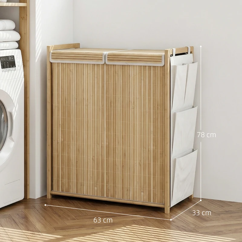 HOMCOM Cesto de Ropa Sucia de Bambú con Tapa 120L con 2 Bolsas con Cordón Extraíbles y Lavables Bolsillos Laterales Natural