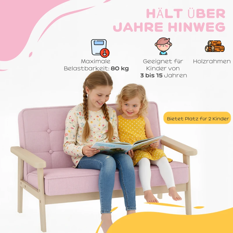 AIYAPLAY Kindersessel, Kindersofa mit Holzrahmen, Samtoptik, gepolstert, für Kinder von 3-15 Jahren Rosa
