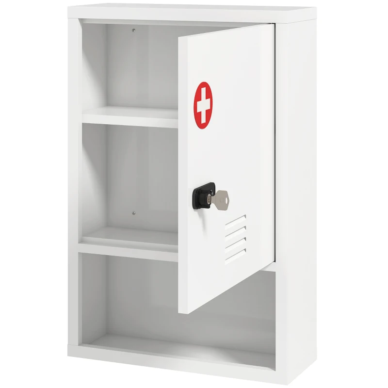 HOMCOM Medizinschrank zur Wandmontage mit Zahlenschloss und Schlüssel, 3-stufig, abschließbar, Weiß