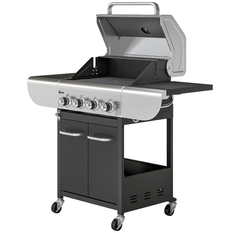 Outsunny Barbacoa de Gas con 4 Quemadores 12,8 kW Termómetro Parrillas de Hierro Fundido Mesas Laterales Armario y Ruedas Negro