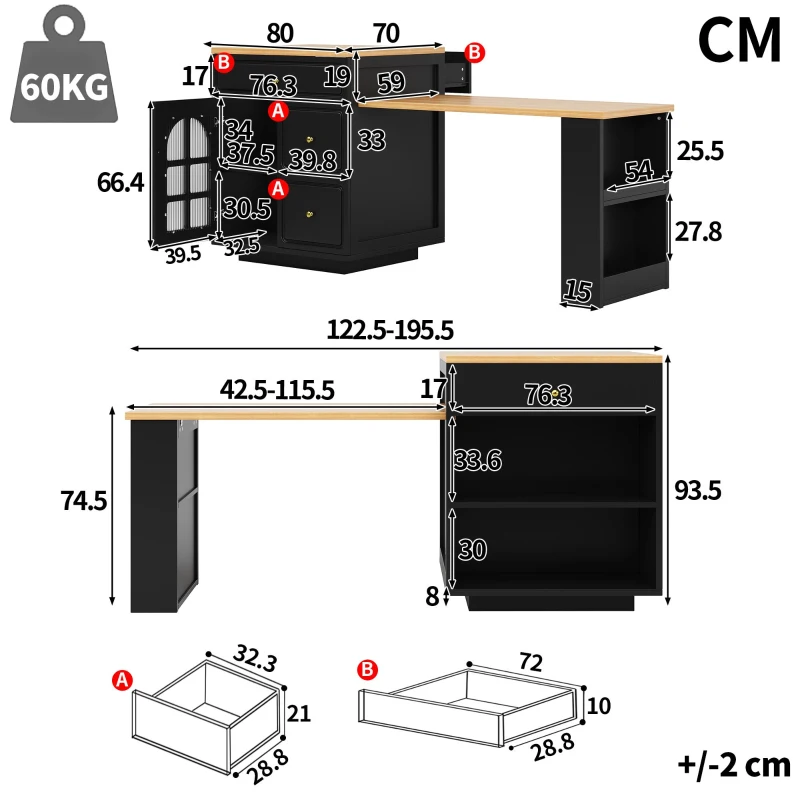 Extendable Bar Table with Arched Tempered Glass Doors, Space-Saving Dining Table for Kitchen or Living Space, 195.5L x 70W x 93.5H cm, Black