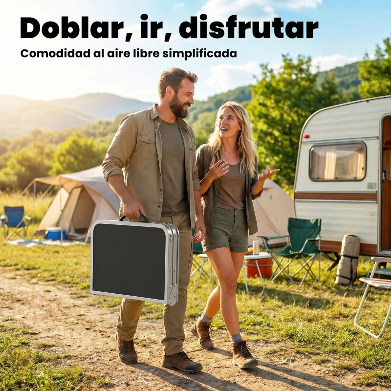 Outsunny Mesa Plegable Camping 60x40x60 cm con Altura Ajustable en 4 Niveles Red de Almacenamiento Marco de Aluminio Negro