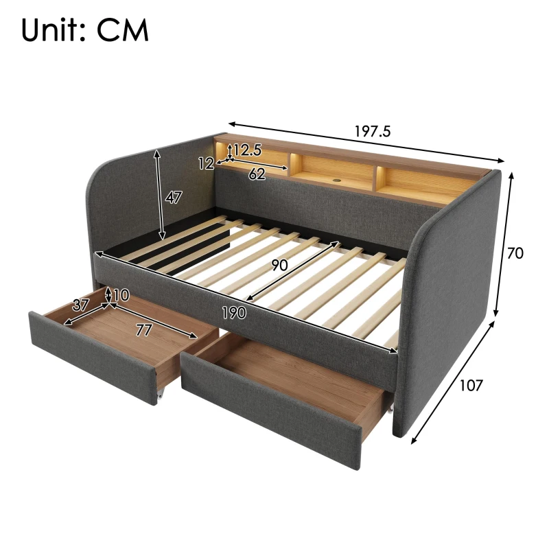 Upholstered Daybed with Integrated USB & Type‑C Charging, Storage Headboard Single Bed for Contemporary Bedrooms, 197.5L x 107W x 70H cm, Grey
