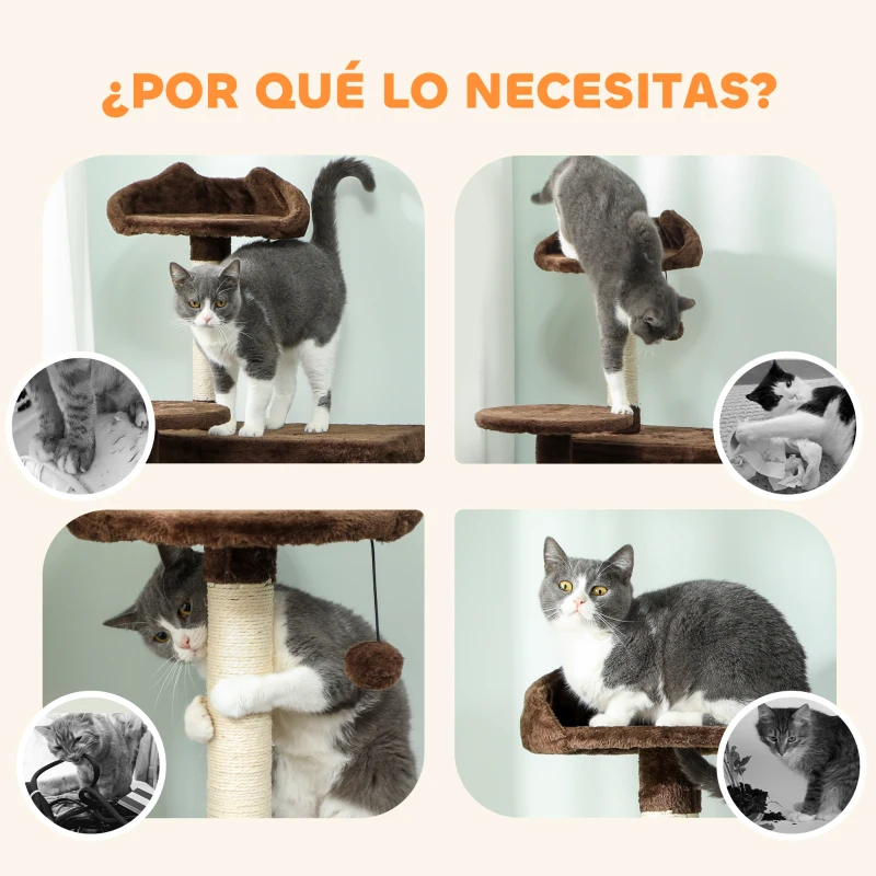PawHut Árbol Rascador para Gatos 140 cm con Plataformas Cama 2 Cuevas Hamaca Escalera Postes de Sisal Marrón