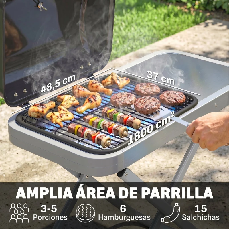 Outsunny Barbacoa de Gas Plegable con Quemador 2,5 kW Tapa Termómetro Mesa Lateral y 2 Ruedas Parrilla Recogedor Grasa Negro