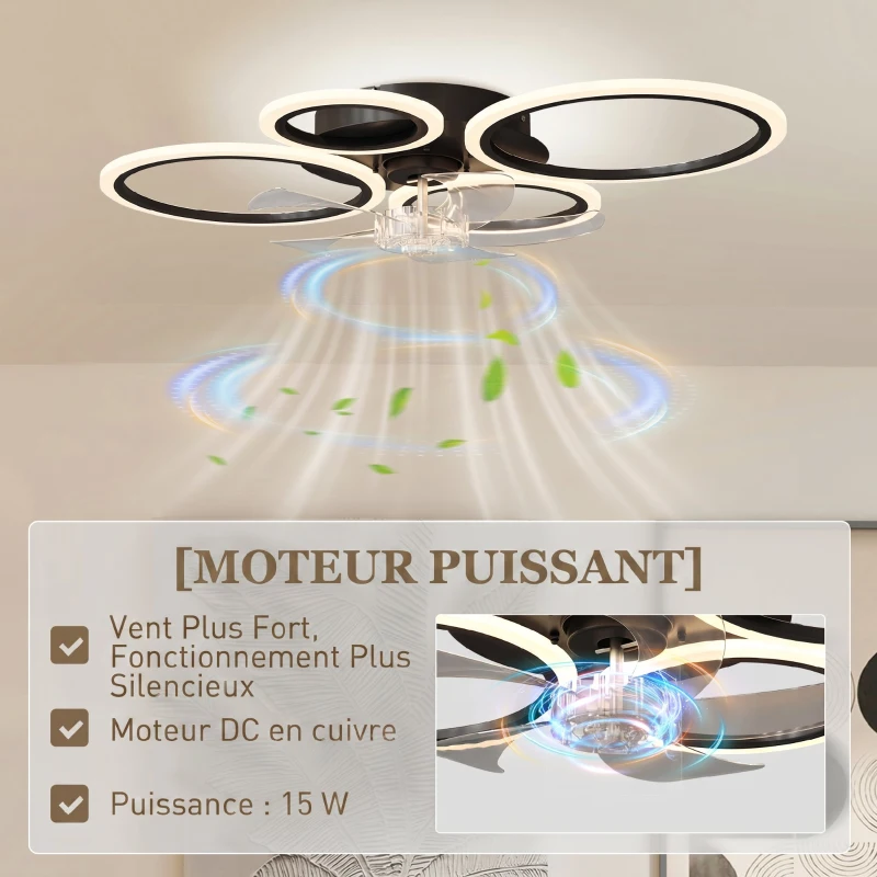 HOMCOM Ventilateur de plafond avec lumière et télécommande, plafonnier ventilateur 77 cm avec 6 vitesses, noir