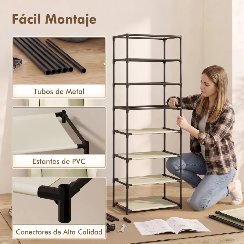 HOMCOM Zapatero de 7 Niveles, Zapatero Estrecho de Acero con Funda de Tela no Tejida 2 Bolsillos para 14-21 Pares Beige