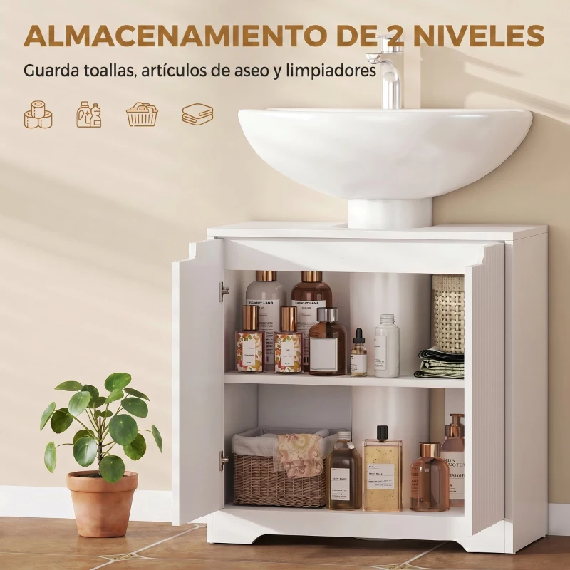 HOMCOM Mueble Bajo Lavabo con Puertas de Cierre Suave y Diseño Acanalado 2 Estantes para Lavabo con o sin Pedestal Blanco