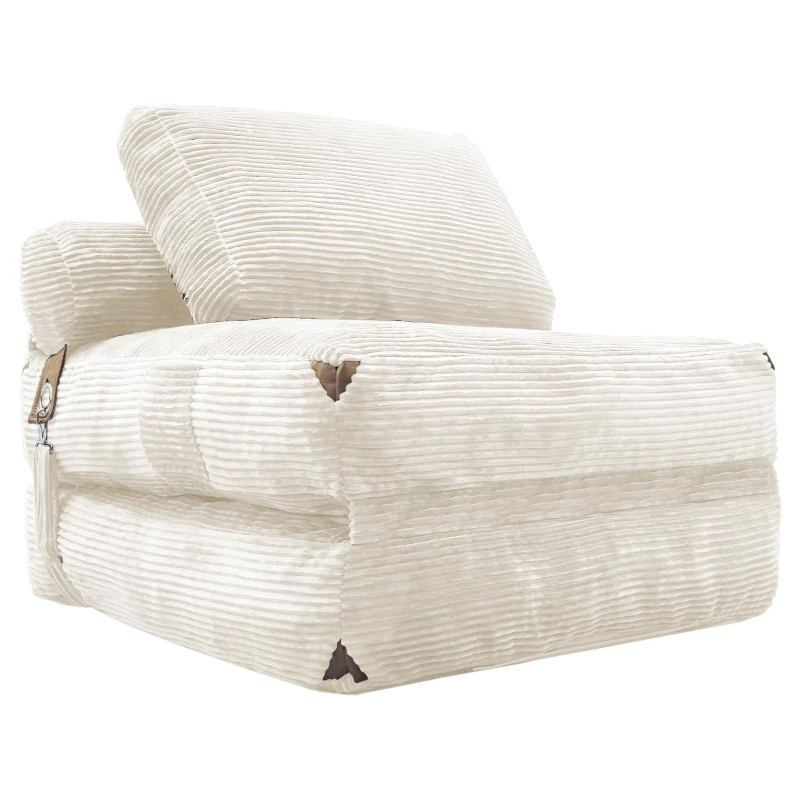 3-in-1 Convertible Corduroy Floor Sofa Bed with Side Pockets, Oversized Chaise Lounge with High-Density Sponge, 87L x 86W x 40H cm, White