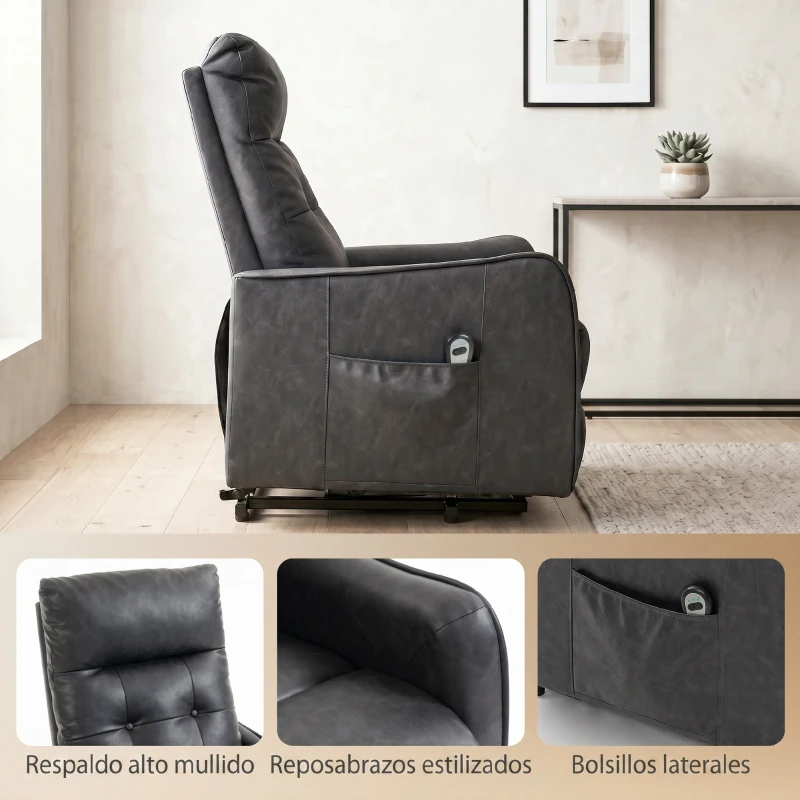 HOMCOM Sillón Relax Reclinable Eléctrico Levanta Personas de Cuero PU Control Remoto Asiento con Resorte Reposapiés Gris