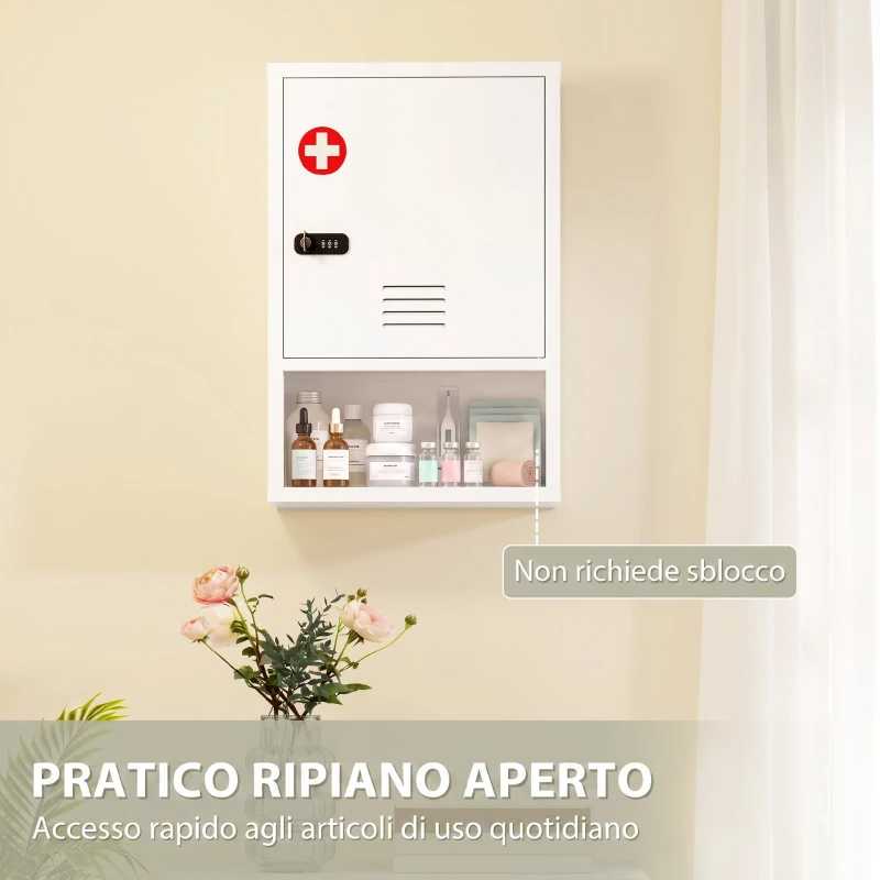 HOMCOM Armadietto portamedicinali da parete con codice, chiave e 3 ripiani, bianco