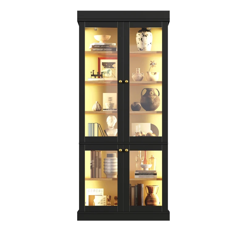 Modern Freestanding Display Cabinet with Height-Adjustable Shelves, LED Lighted Tall Showcase for Industrial Interiors, 80L x 40W x 180H cm, Black