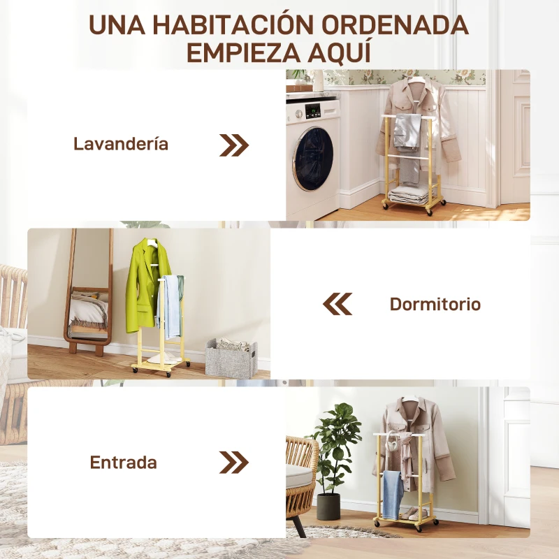 HOMCOM Galán de Noche Bambú con Ruedas Percha Superior Barras para Pantalones y Balda Inferior para zapatos Natural y Blanco