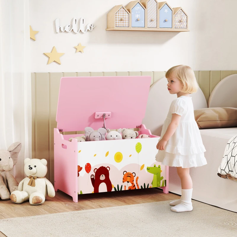 AIYAPLAY Caja de Almacenaje de Juguetes Baúl Juguetes Infantil con Tapa Abatible Asas Estampados de Animales 60x37x39 cm Rosa