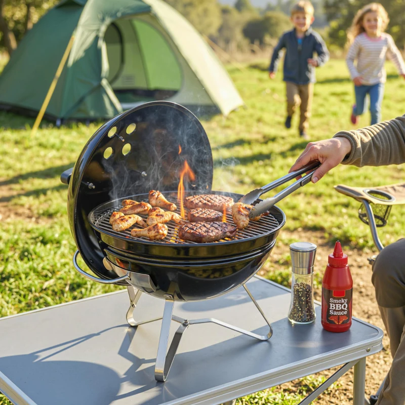 Outsunny Barbacoa de Carbón Portátil Barbacoa de Carbón Redonda Tapa con Soporte Rejilla Ventilación Ajustable Ø41x44 cm Negro