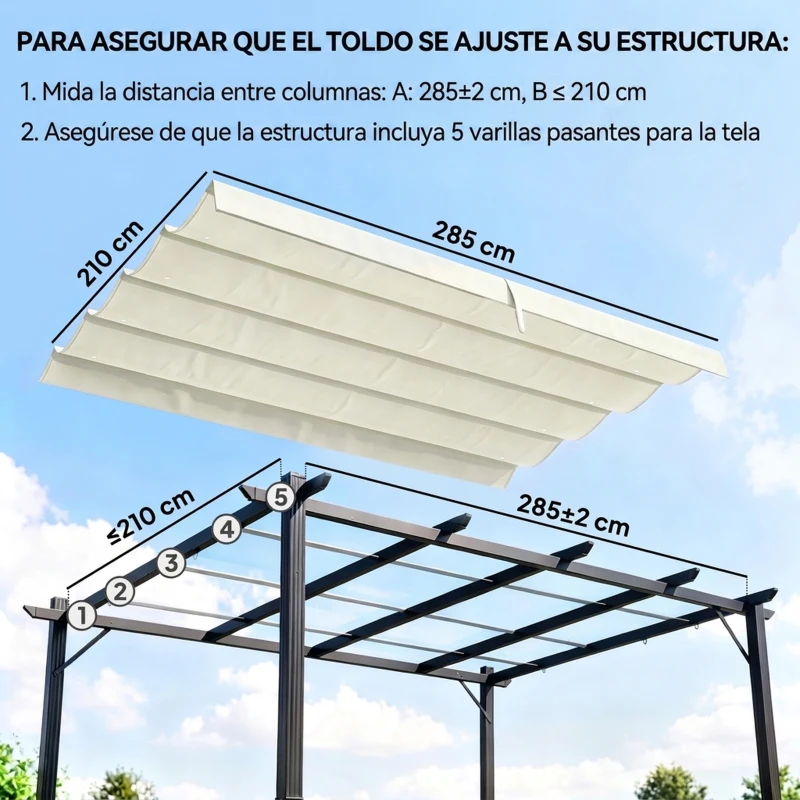 Outsunny Techo de Repuesto Retráctil 3x2,5 m para Marco de 2,85x2 m Toldo de Tela Solo para Cenador Jardín con 8 Orificios Crema