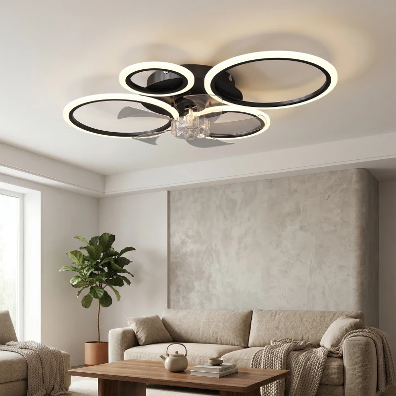 HOMCOM Ventilateur de plafond avec lumière et télécommande, plafonnier ventilateur 77 cm avec 6 vitesses, noir