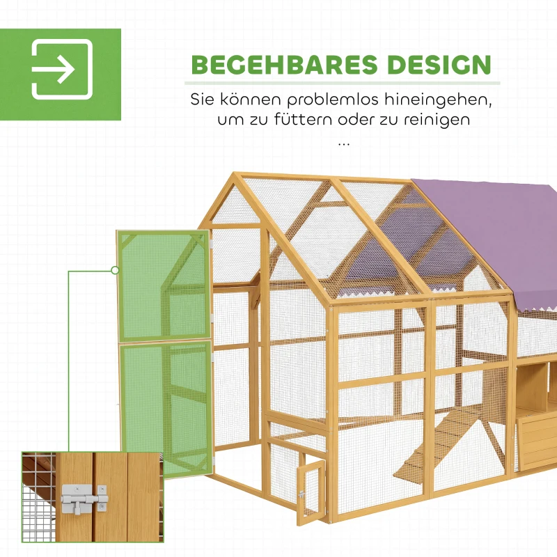 PawHut Hühnerstall Holz mit Freilauf, Sicherheitsschloss, Tür, 4 Nistkasten, für 8-12 Hühner, ca. 2,8 x 1,8 x 1,9 m, Gelb