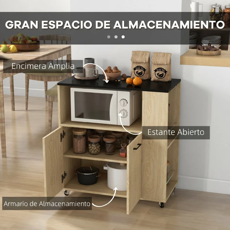 HOMCOM Carrito de Cocina con Ruedas 2 Puertas Estante Ajustable Especieros para Comedor 75x40x80,5 cm Natural
