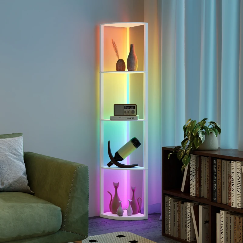 HOMCOM RGB LED Floor Lamp with Shelves, 4-Tier Dimmable Standing Lamp with Adjustable Brightness and Remote Control, Modern Corner Display Shelf Unit for Living Room Bedroom Office, White