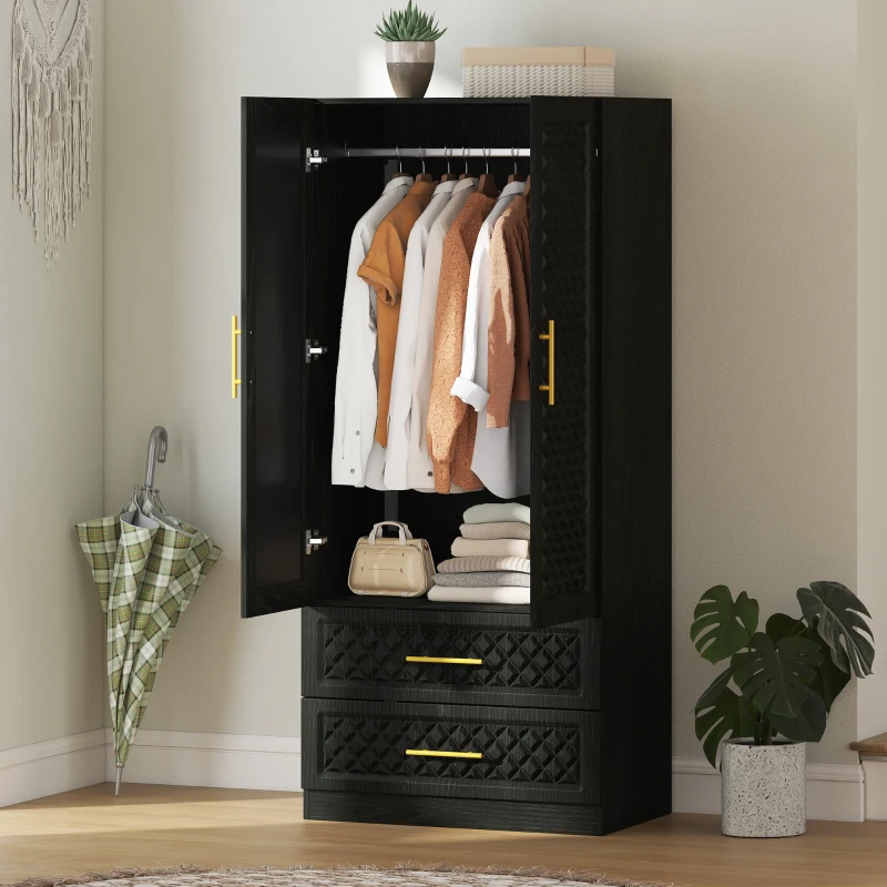 HOMCOM Armario Ropero con Espejo 2 Puertas y 2 Cajones Relieve de Diamante Barra para Colgar 80x50x180 cm Negro