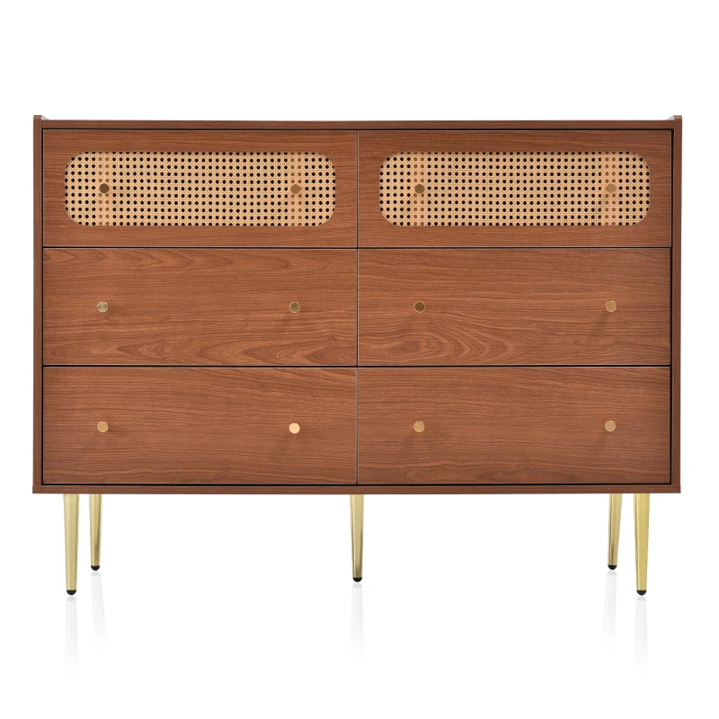 Rattan Sideboard Cabinet with 2 Perforated Rattan-Front Drawers, Walnut 6-Drawer Dresser for Lounge or Dining Areas, 120L x 40W x 90H cm, Walnut