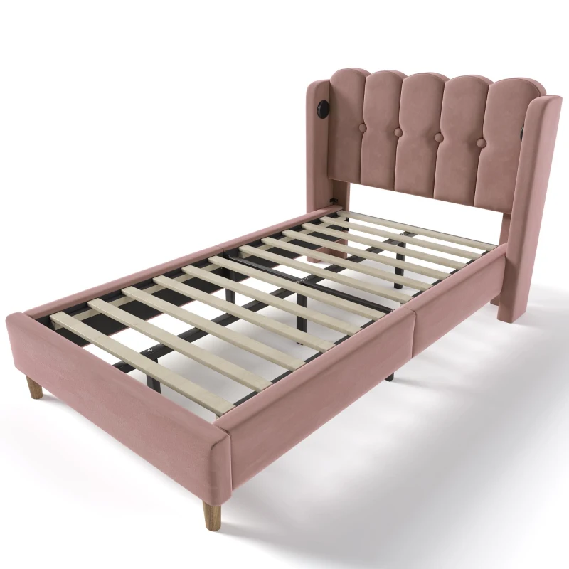 Practical Single Bed with USB and Type-C Charging Ports, Cozy Bed Frame with Grille Design Panel Headboard, 197L x 103W x 103H cm, Pink