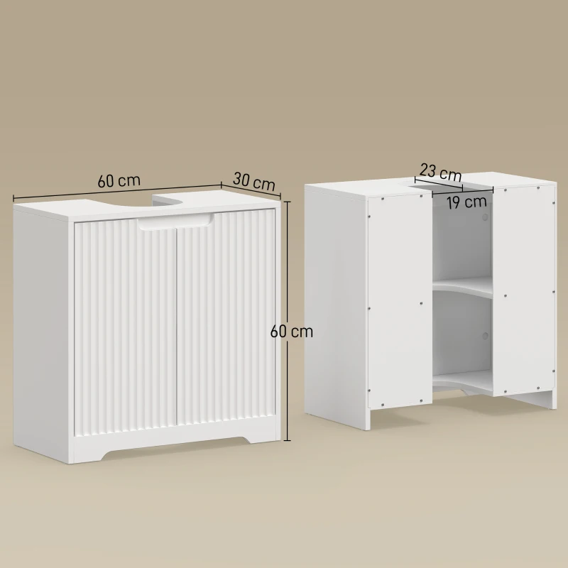 HOMCOM Mueble Bajo Lavabo con Puertas de Cierre Suave y Diseño Acanalado 2 Estantes para Lavabo con o sin Pedestal Blanco