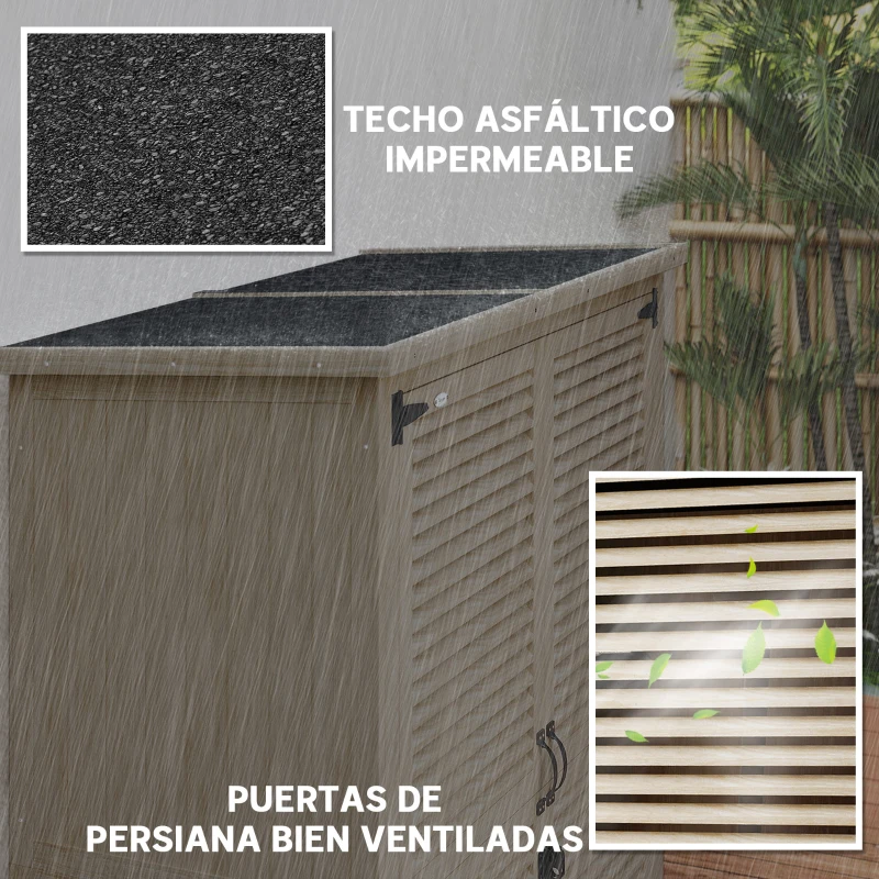 Outsunny Armario de Jardín 0,83 m² 127x65x168 cm con 2 Puertas de Persiana 2 Estantes 2 Asas y Techo Impermeable Natural