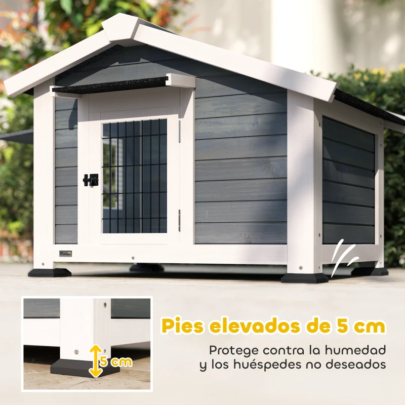 PawHut Caseta para Perros Exterior de Madera Casa para Perros Medianos con Techo Asfático Suelo Extraíble 98x76x69,5 cm Gris