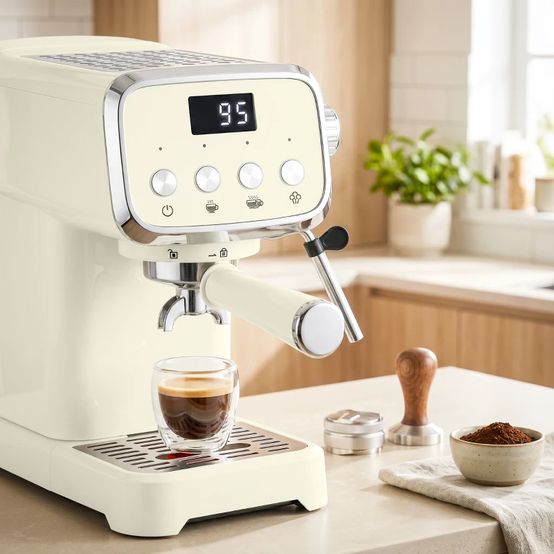 HOMCOM Cafetera de Portafiltro 20 Bar con Espumador y Depósito Extraíble de 1,2 L para Espresso Blanco Crema