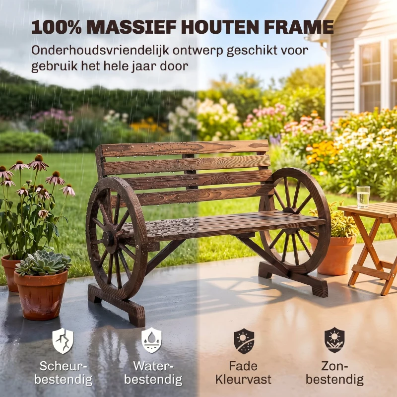 Outsunny tuinbank, ontwerp met wagenwiel, voor 2 personen, natuurlijk hout, donkerbruin, 105,5 x 56 x 79 cm(m-4)