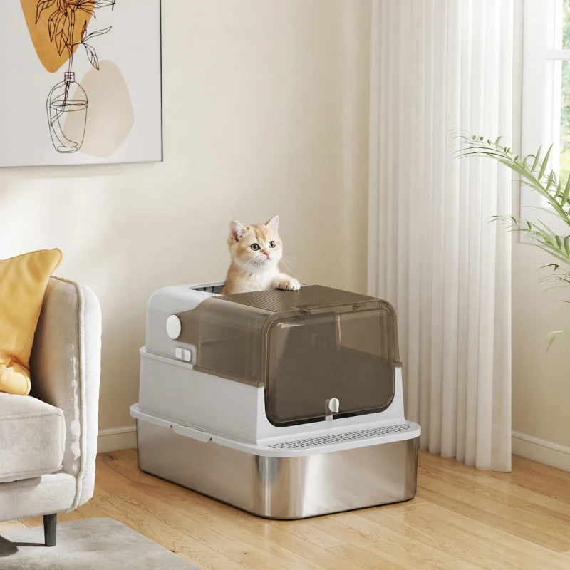 PawHut XXL Stainless Steel Cat Litter Tray, Enclosed Cat Litter Box with 90° Flip Cover, Double Doors, Scoop, Easy Clean, Grey