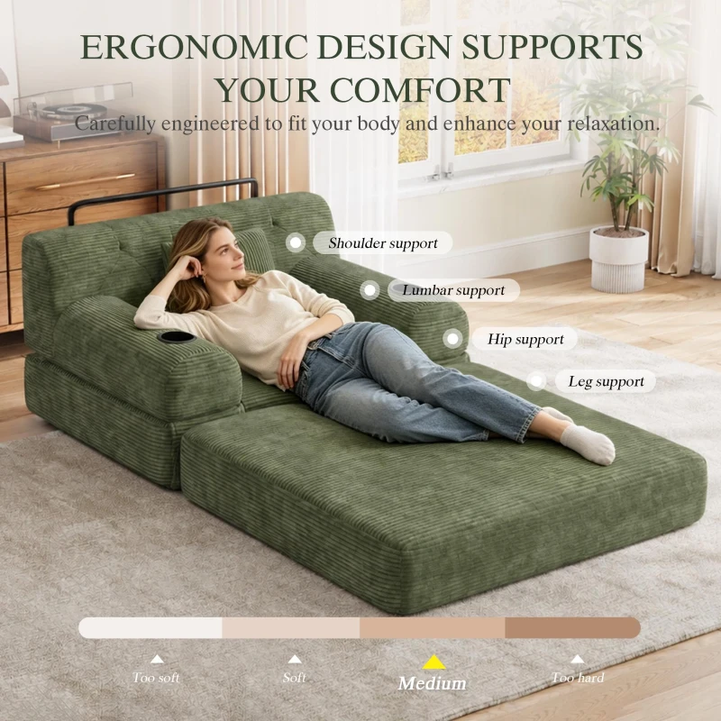 1-Seater Sleeper Sofa with Metal Frame and High-Density Foam, Single Convertible Chair Bed for Cosy Interiors, 107L x 80W x 81H cm, Green