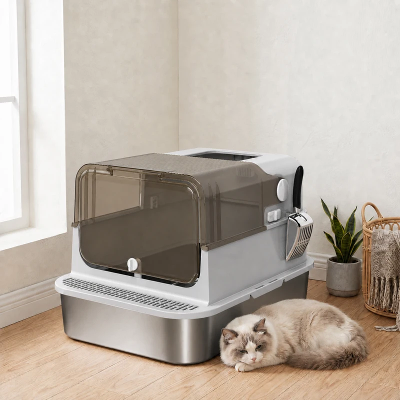 PawHut XXL Stainless Steel Cat Litter Tray, Enclosed Cat Litter Box with 90° Flip Cover, Double Doors, Scoop, Easy Clean, Grey