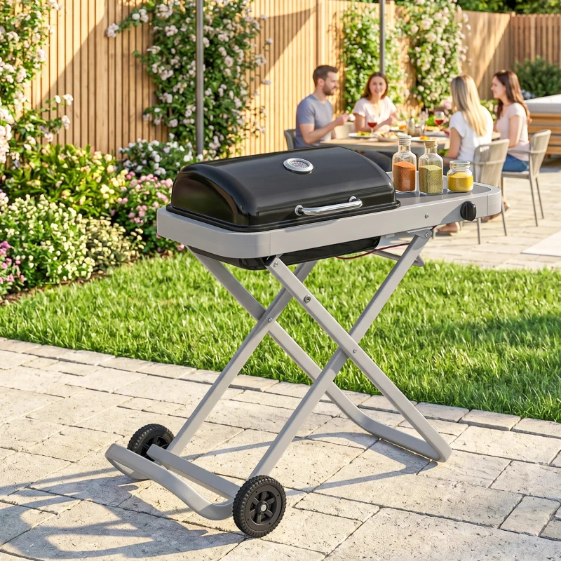 Outsunny Barbacoa de Gas Plegable con Quemador 2,5 kW Tapa Termómetro Mesa Lateral y 2 Ruedas Parrilla Recogedor Grasa Negro
