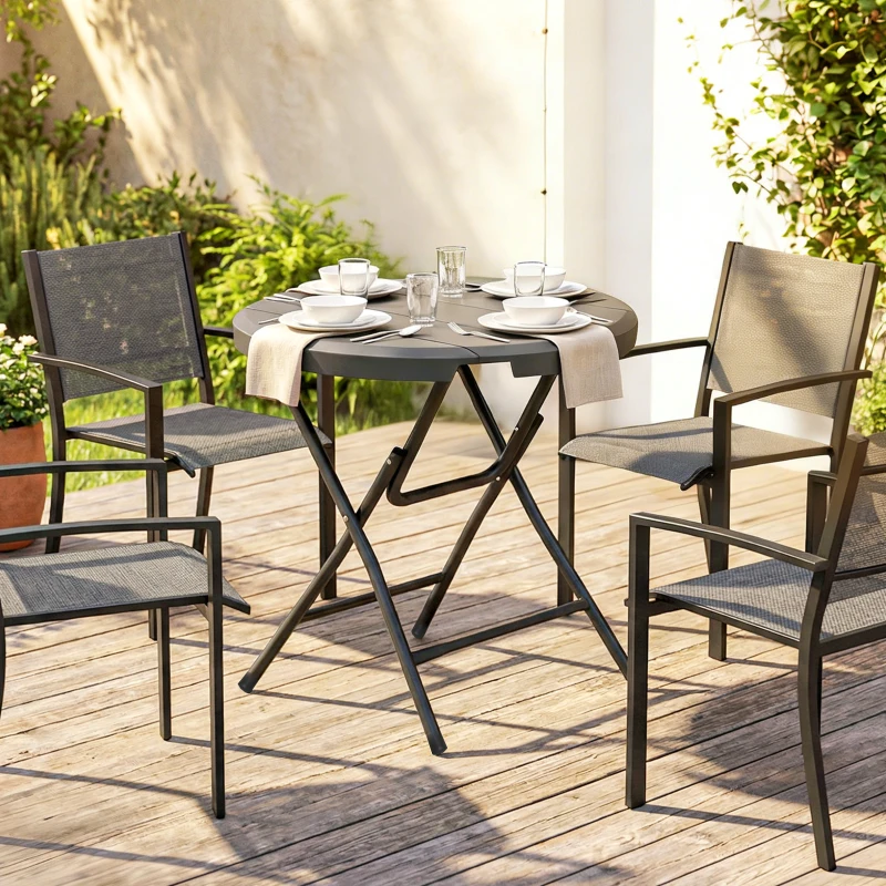 Outsunny Gartentisch, rund, klappbar, für 4 Personen, Holzoptik, Stahl+Kunststoff, dunkelgrau, 80 x 80 x 73 cm
