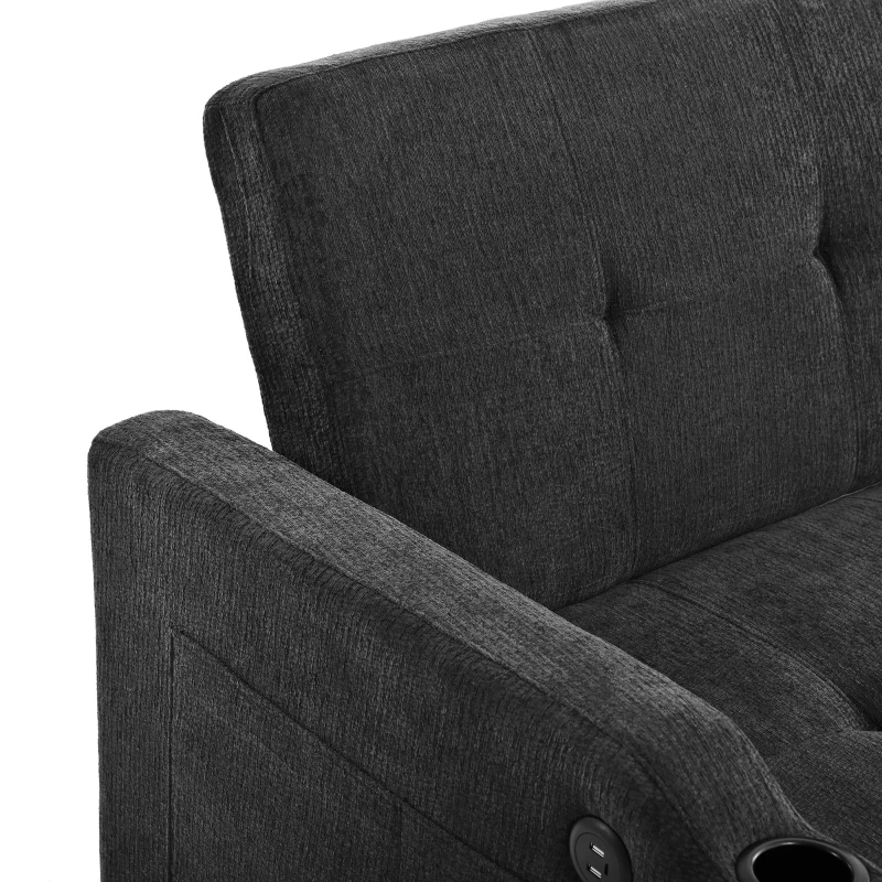 Convertible Sofa Bed with Adjustable Backrest, Functional Sleeper with USB & Type-C Charging and Cup Holders, 135L x173W x 58H cm, Dark Grey