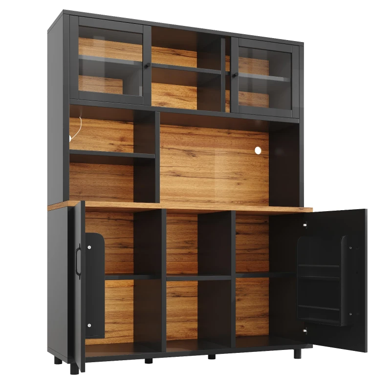 Tall Multi‑Purpose Storage Cabinet with App‑Controlled LED Lighting, Retro-Style Kitchen Hutch for Kitchen or Living Spaces, 140L x 40W x 185H cm, Black